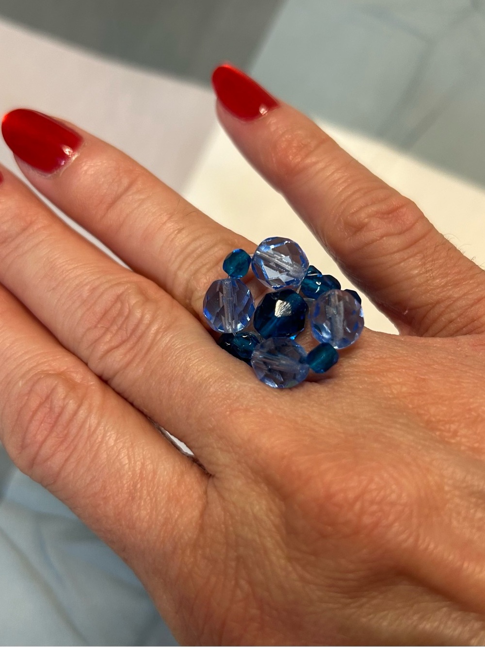 Blue Beaded Elastic Statement Ring - Unbranded